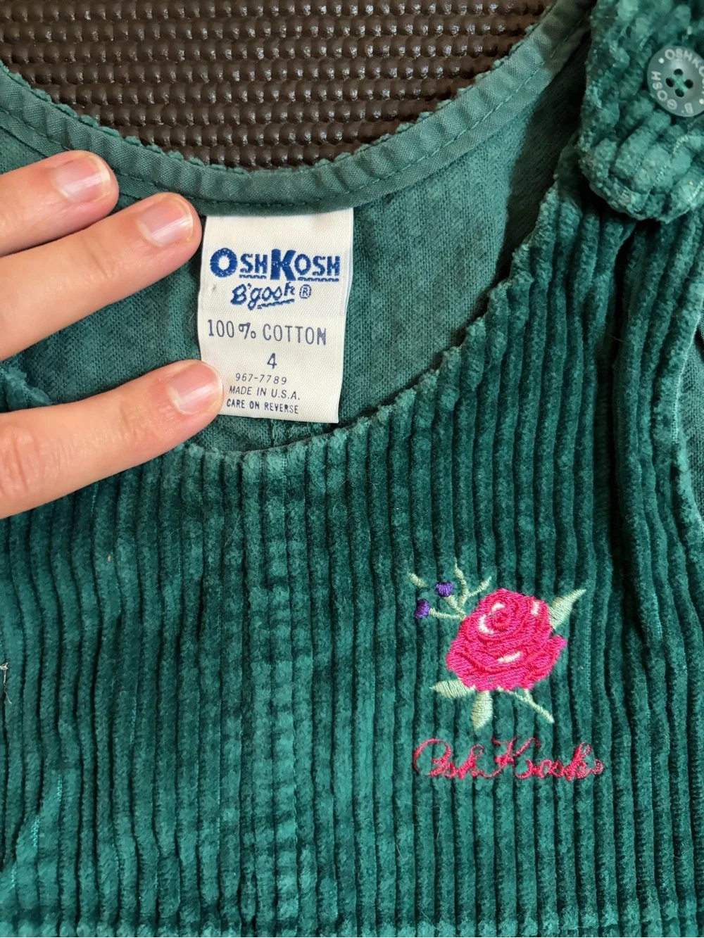 OshKosh B'gosh Teal Green Corduroy Pinafore Dress with Rose Embroidery